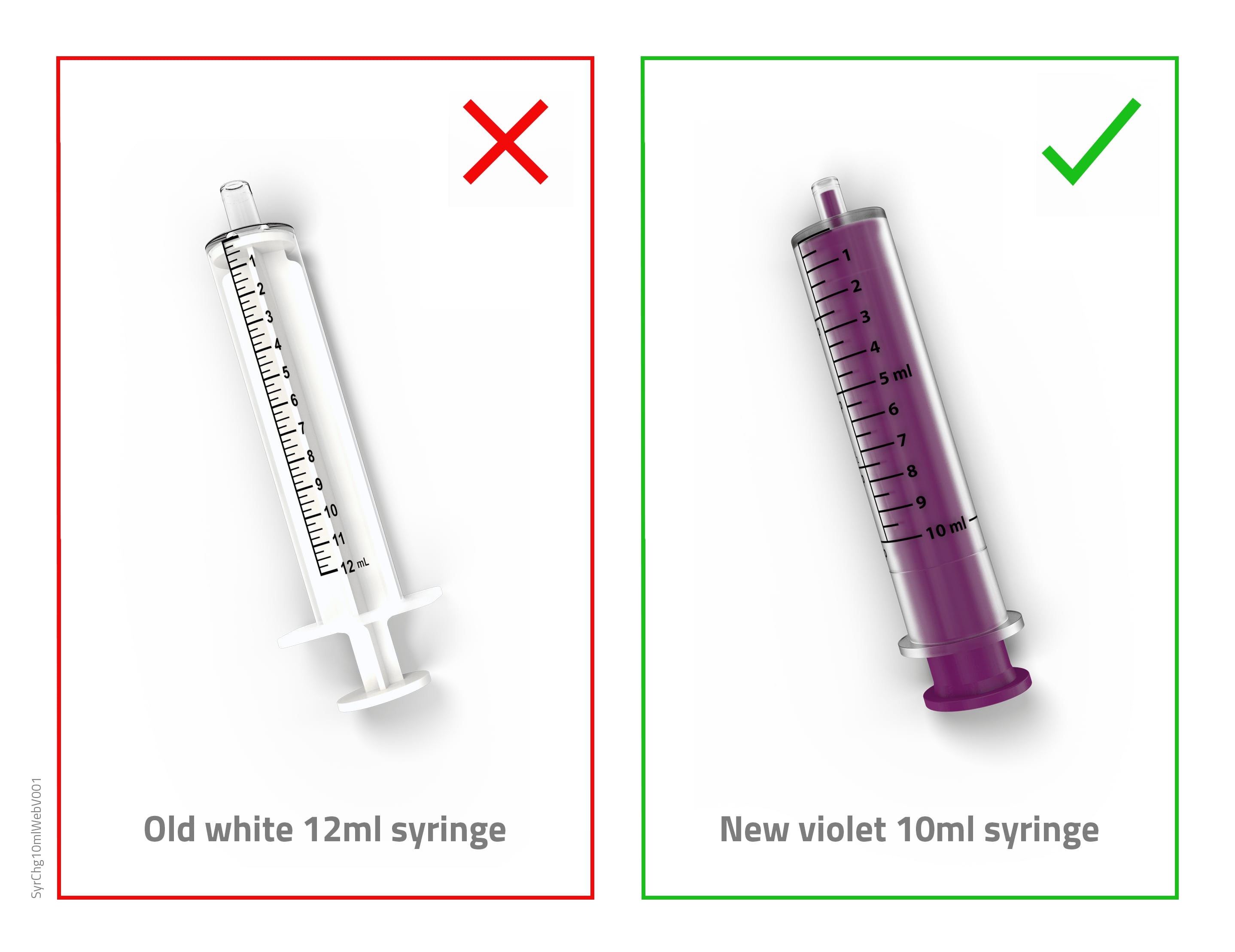 Image of the old white 10ml syringe and the new violet 10ml syringe.